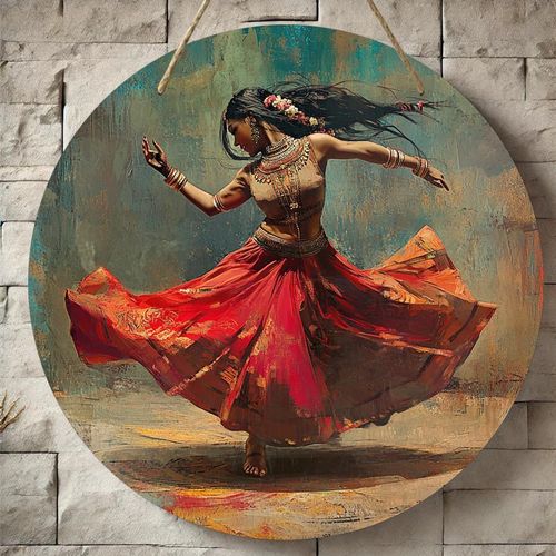 1pc, Panneau Rond En Bois Thématique De La Danseuse, Art Mural Imprimé 2D, Décoration Universelle Pour Les Fêtes À La Maison, Salon, Bureau, Bar, Cuisine, Café, Fête, Anniversaire, Pas Besoin D'électricité Ni De Batterie, 20.32x20.32 cm