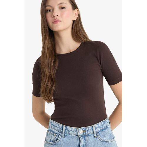 T-shirt slim à manches courtes côtelé uni à col rond