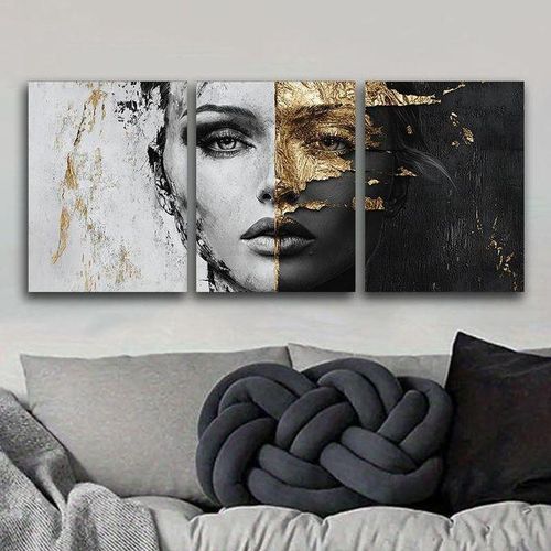 Triptyque Tableau Portrait Féminin Noir, Blanc et Or – Set de 3 Toiles Décoratives Murales Style Moderne