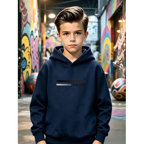 Sweat à capuche décontracté pour garçons Automne Hiver Manches longues PARIS Bicolore Rayures Impression de lettres, Haut décontracté pour enfants, Fibre légèrement extensible, Convient pour le sport quotidien, les sorties dans la rue