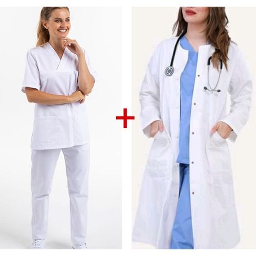 Pyjama Médical Encolure en V avec blouse médical pour femme - Blanc
