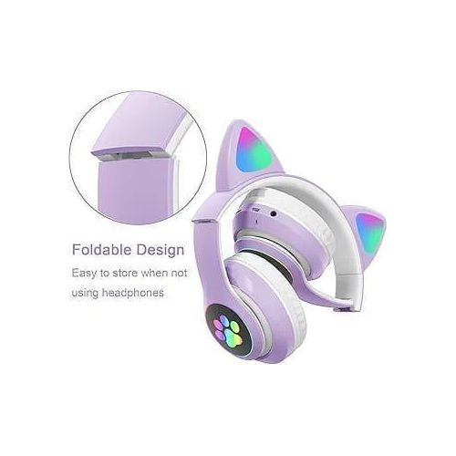 Casque sans fil, casque Bluetooth pliable avec oreilles de chat pour enfants, casque stéréo réglable avec microphone