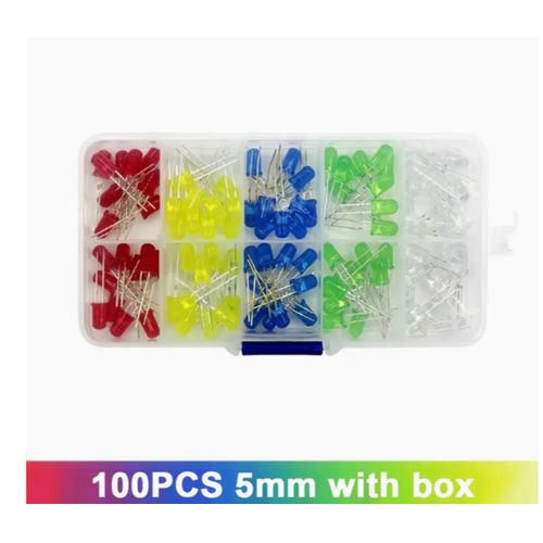 100pcs Lumières LED Ultra Lumineuses - Rondes 5mm, Couleurs Assorties (Blanc, Vert, Jaune, Bleu, Rouge) pour Projets DIY, Arduino et Utilisation Industrielle