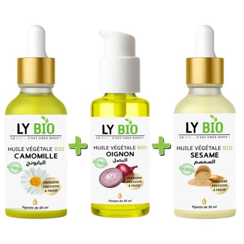 PACK HUILE CAMOMILLE 50ML - PIPETTE HUILE OIGNON 50ML - POMPE HUILE SESAME 50ml - PIPETTE