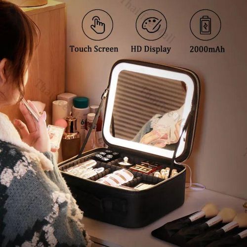 Trousse de maquillage LED avec miroir, organiseur de rangement, boîte de rangement cosmétique de voyage en PU, Portable, USB,