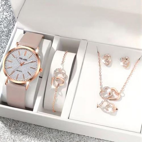 ساعة نسائية أنيقة كوارتز ذهب وردي مع علبة مجوهرات على شكل قلب - هدية أنيقة