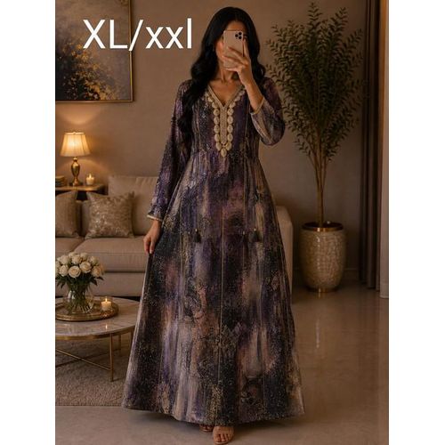 Gandoura Nébuleuse Violette & Noir Scintillante au Plastron Doré
