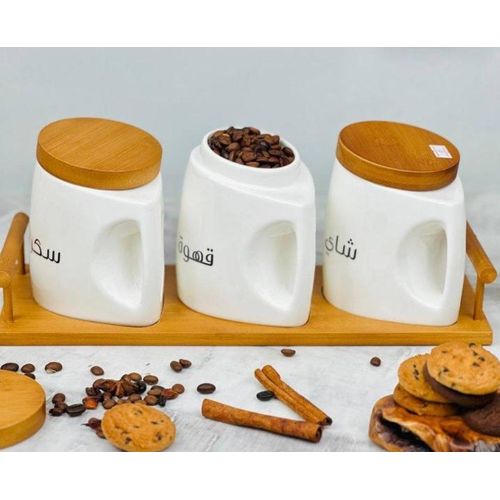 Set de 3 pots de rangement cuisine en céramique, conteneurs de stockage des aliments, thé, café et sucre.