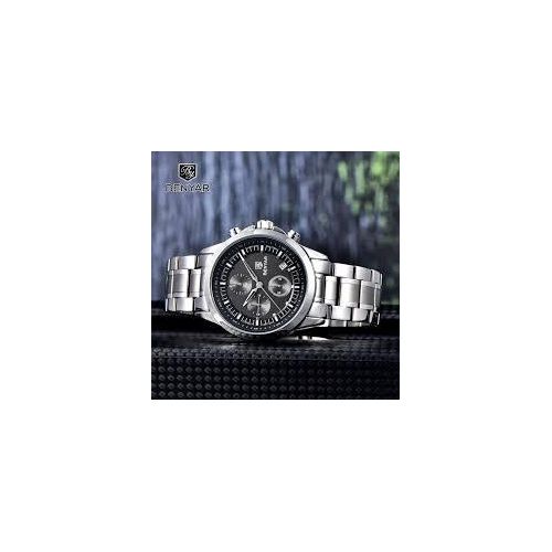 Montre chronographe pour homme - En acier inoxydable - Étanche - Affichage de la date - Analogique - Tendance - Décontractée - Pour homme Bracelet silver black, Bracelet