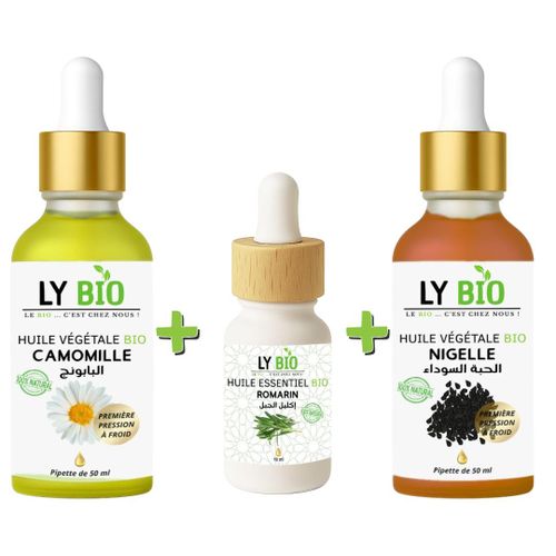 PACK HUILE CAMOMILLE 50ML - PIPETTE + HUILE ESSENTIEL ROMARIN 10ML + HUILE NIGELLE 50ML - PIPETTE