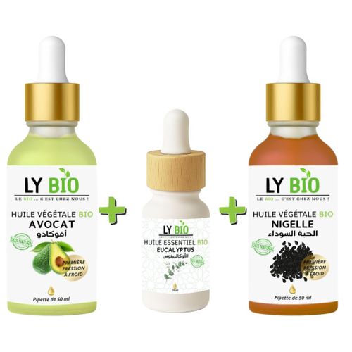 PACK HUILE AVOCAT 50ml - PIPETTE HUILE ESSENTIEL EUCALYPTUS 10ML HUILE NIGELLE 50ML - PIPETTE