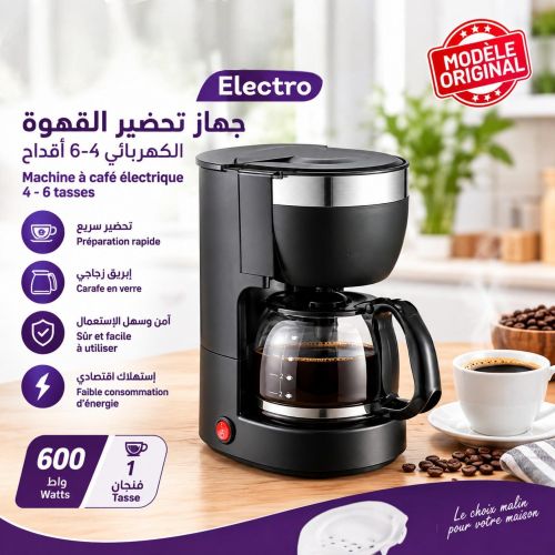 Cafetière Électrique 600W – 4 à 6 Tasses, Carafe en Verre et Filtre Permanent