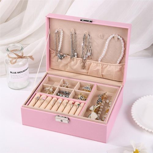 Boîte de rangement à bijoux en cuir pour filles, Double couche, De Grande Capacité, Pour Boucles D'oreilles, Colliers, Bracelets Et Bijoux (Rose)