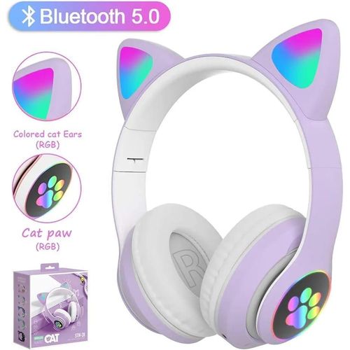 Casque sans fil, casque Bluetooth pliable avec oreilles de chat pour enfants, casque stéréo réglable avec microphone