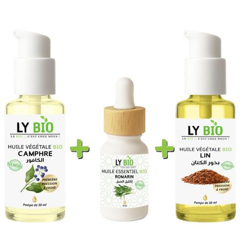 PACK HUILE CAMPHREE 50ML - POMPE + HUILE ESSENTIEL ROMARIN 10ML + HUILE LIN 50ML - POMPE