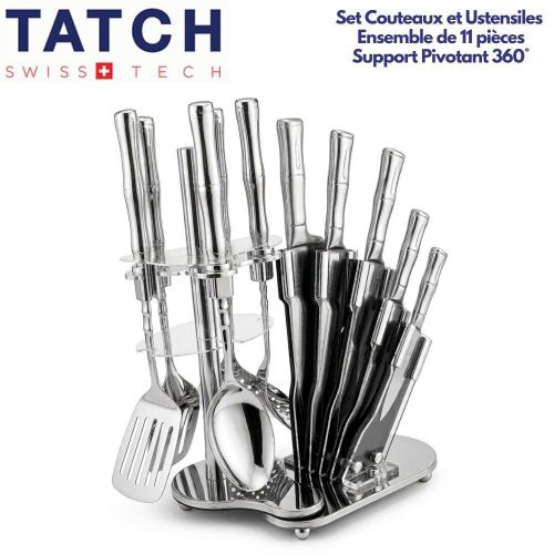 Set Couteaux et Ustensiles de Cuisine 11 Pièces en Acier Inoxydable Avec Support Pivotant 360°, 5 Couteaux Professionnels + 5 Ustensiles Essentiels, Design Élégant, Poignées Thermiques Ergonomiques