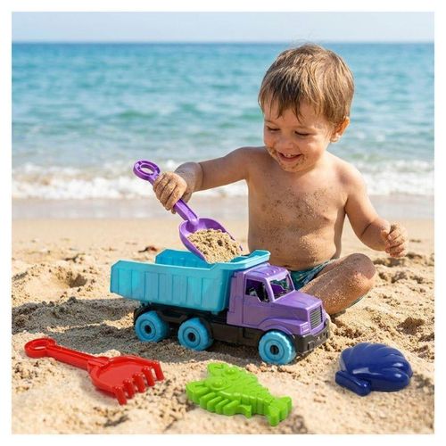 Camion Benne Jouet de Plage pour Enfants avec Accessoires de Sable – Camion de Chantier + Pelle, Râteau et Moules – Jeu Créatif Extérieur et Intérieur