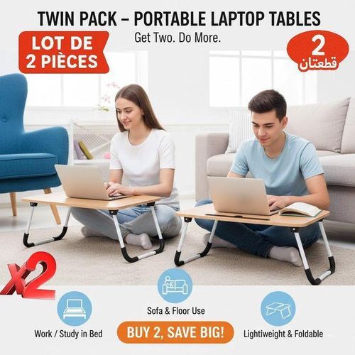 Pack Familial 2 Tables Pliantes pour Ordinateur Portable Bureau de Lit en Bois MDF avec Fente Tablette Porte-GobeletTltravail tude Repas au Lit