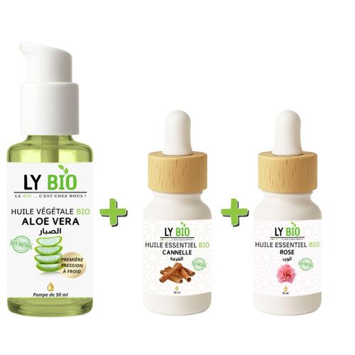 PACK HUILE ALOE VERA 50ml - POMPE + HUILE ESSENTIEL CANNELLE 10ML + HUILE ESSENTIEL ROSE 10ML