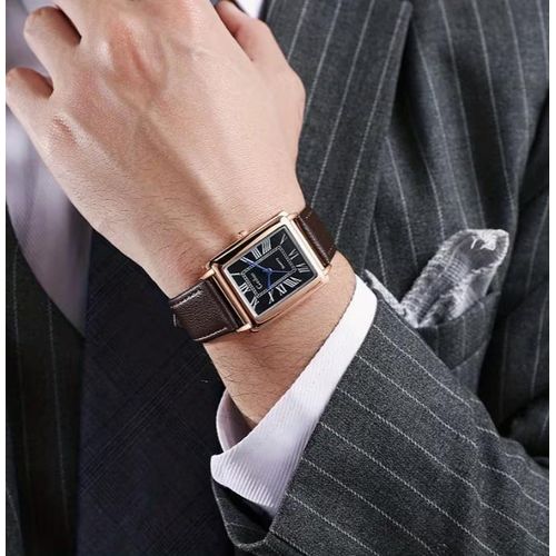 Montre à quartz pour homme avec boîtier carré à chiffres romains et bracelet en cuir PU souple pour les affaires