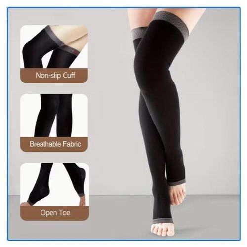 1 Paire Bas de Contention Femme – Chaussettes de Compression Cuisses à Bout Ouvert – Double Niveau, Élastiques & Confortables – Taille Unique+ couleur NOIR