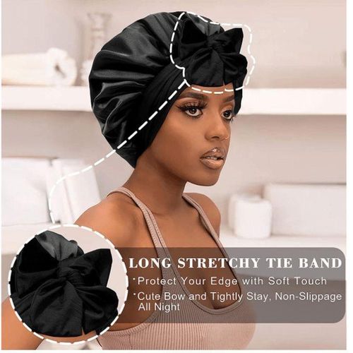 Bonnet de Sommeil en Satin Noir avec Nœud Papillon – Taille Réglable et Bande Large Élastique, Protection Élégante pour Cheveux Bouclés, Tresses ou Soin de Nuit