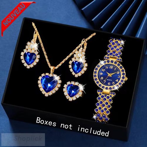 Coffret cadeau femme 5 pièces Montre quartz bleue avec bijoux assortis élégants