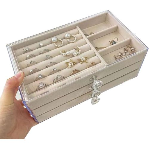 Boîte à bijoux en acrylique avec 3 tiroirs empilables, présentoir en velours pour boucles d'oreilles, bagues, colliers et bracelets, beige, 23,5 x 13,5 x 10,5 cm.