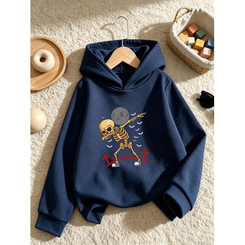 Sweat à capuche unisexe décontracté 'S d'automne-hiver à manches longues, imprimé crâne de dessin animé amusant, ambiance d'Halloween, tissu en polyester légèrement extensible, convient aux sorties quotidiennes décontractées de sport et de rue