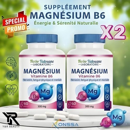 PACK DOUBLE - 2 Bouteilles de magnesium d'extrait / 120 capsules de citrate de magnesium Vitamine B6, Compléments végétariens puissants et puissants pour hommes et femmes contre la fatigue, l'épuisement et le soutien des os, des dents et des muscles.