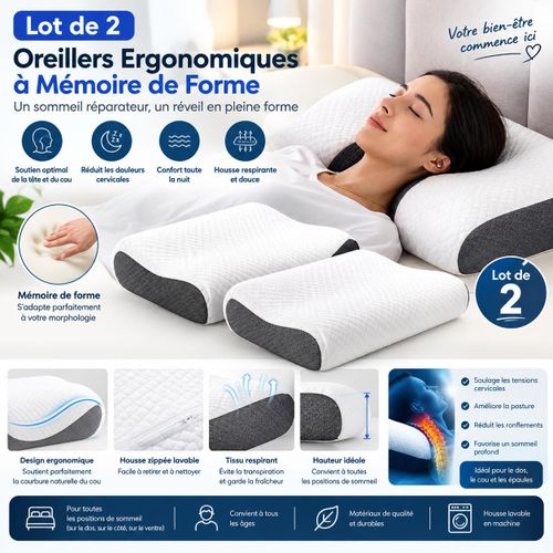 Lot de 2 Oreillers Ergonomiques à Mémoire de Forme, Oreiller Cervical Confortable, Soutien Tête et Cou, Housse Respirante, Oreiller Maison Chambre