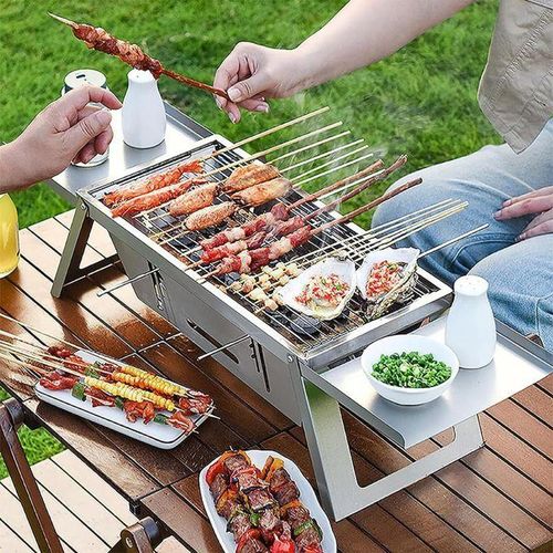 Barbecue Portable Pliable en Acier Inoxydable – Gril à Charbon avec 2 Tablettes Latérales