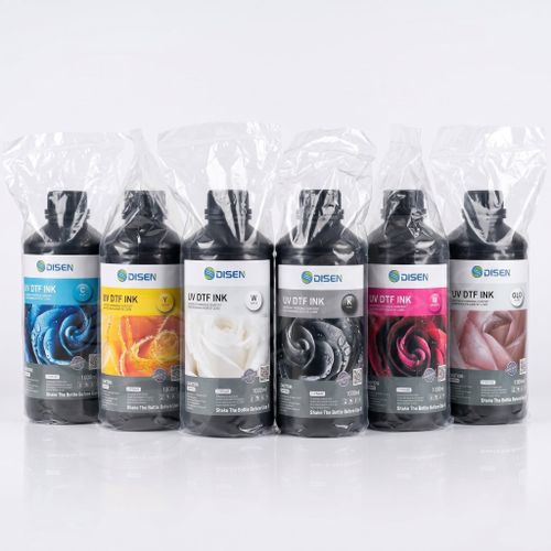 Pack 6 Bouteilles d'Encre UV DTF Premium 1 Litre (CMYK + Blanc + Vernis) - Multicouleur