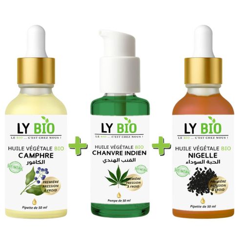 PACK HUILE CAMPHREE 50ML - PIPETTE + HUILE HYDRATANTE & NUTRITIVE 50ML - POMPE + HUILE NIGELLE 50ML - PIPETTE
