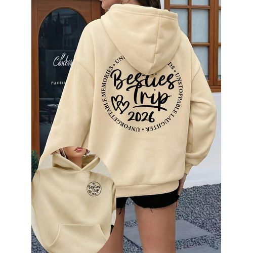 Sweat à capuche tendance pour femme avec impression recto-verso, slogan anglais Besties Trip 51.46meter entouré d'un cœur, imprimé, adapté pour un usage quotidien, les vacances et les activités de plein air, vêtement pour femme