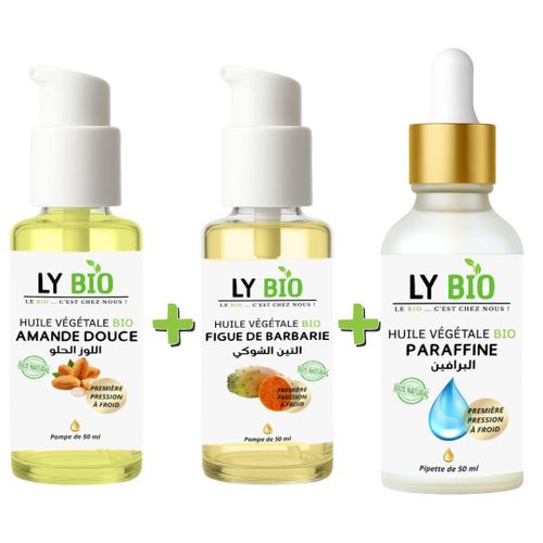 PACK HUILE AMANDE DOUCE 50ml - POMPE HUILE FIGUE DE BARBARIE 50ML - POMPE HUILE PARAFFINE 50ML - PIPETTE