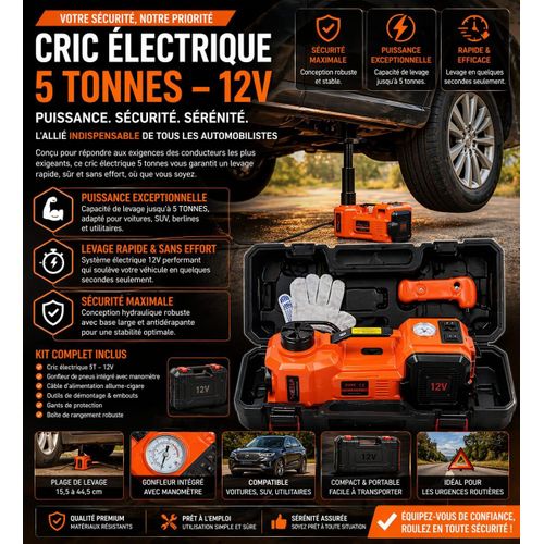 Cric Électrique 5 Tonnes 12V avec Gonfleur Intégré – Kit Complet de Levage Auto Rapide, Sécurisé et Sans Effort