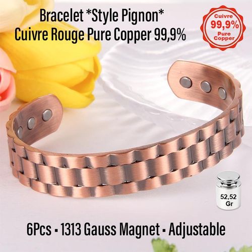 52,52Gr Bracelet en Cuivre Rouge Pure *Style Pignon* Copper 99,9% avec 6Pcs 1313 Gauss Réglable, Magnétique Médical d'Énergie & Nickel Free-Unisexe et Résistant à l’Oxydation, Ultra Strength Bon Cadeau, Idéal