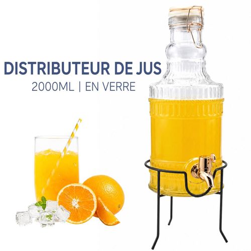 Distributeur de Jus en Verre 2000ML avec Robinet et Support Métallique – Design Élégant Vintage