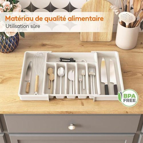 Range Couverts, Plateau d'Ustensiles Extensible pour Tiroir, Organisateur de Tiroir Réglable pour la Cuisine, Rangement Compact en Plastique pour contenir des Cuillères, Fourchettes, Blanc, (6-8) compartiments.