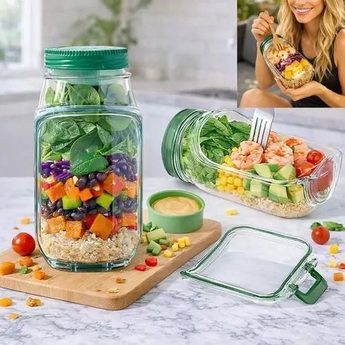 Bocal à Salade en Verre Premium - Récipient de Conservation pour Fruits et Repas Sains - Étanche et Hermétique - Idéal pour Déjeuner, Sport et Voyage - Sans BPA
