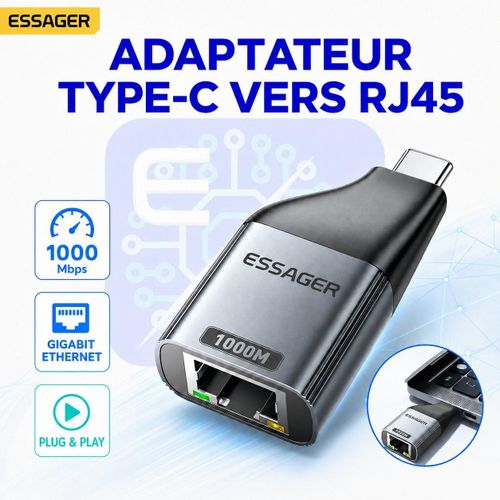 Adaptateur Type C vers RJ45 Gigabit Ethernet 1000 Mbps – Plug & Play