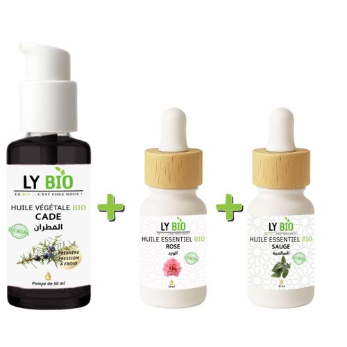 PACK HUILE CADE 50ML - POMPE + HUILE ESSENTIEL ROSE 10ML + HUILE ESSENTIEL SAUGE 10ML