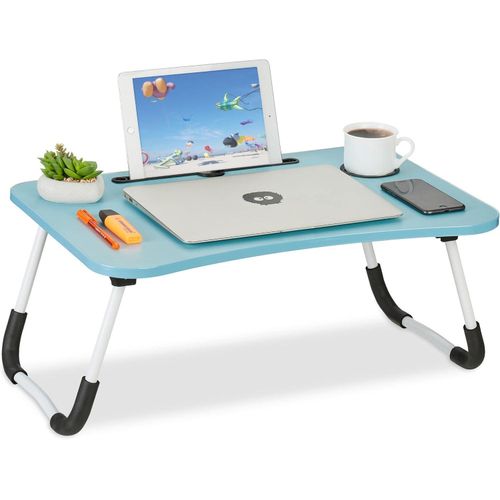 Table de lit pliable multifonction avec support tablette et porte-gobelet pour ordinateur ou petit déjeuner - Bleu Ciel