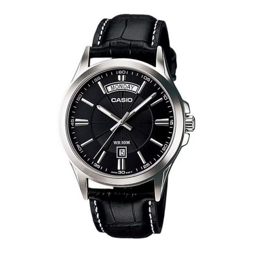 Combine un cadran noir épuré avec un bracelet en cuir - Affichage dateur jours/mois - MTP-1381L-1AV
