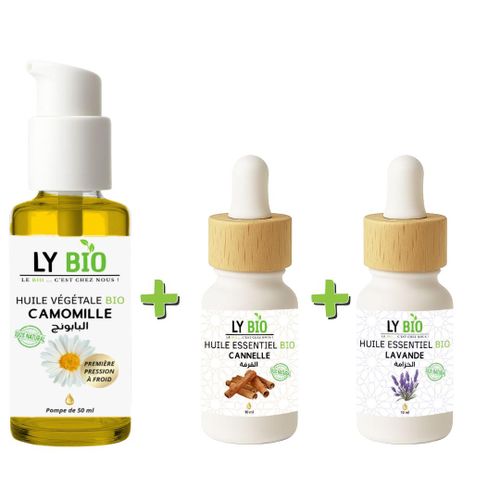 PACK HUILE CAMOMILLE 50ML - POMPE + HUILE ESSENTIEL CANNELLE 10ML + HUILE ESSENTIEL LAVANDE 10ML