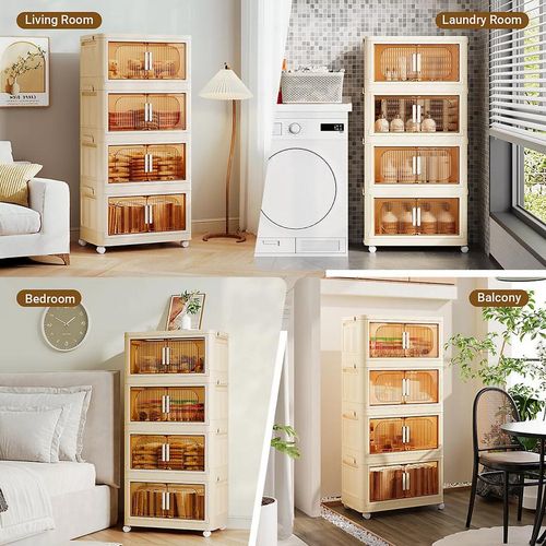 رف تخزين بلاستيكي بأربعة أرفف بأبواب شفافة بقفل مغناطيسي خزانة تخزين منزلية مزودة بعجلات منظم موفر للمساحة للمطبخ وغرفة النوم