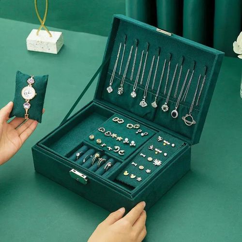 Boîte à Bijoux Double Compartiment Femme – Coffret de Rangement Luxe en Velours Vintage avec Fermoir Pentagonal, Grande Capacité pour Montres, Colliers, Boucles d’oreilles