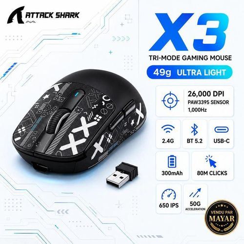 Souris Gaming X3 Sans Fil Tri-Mode 26K DPI PAW3395 Ultra-Légère 49 g