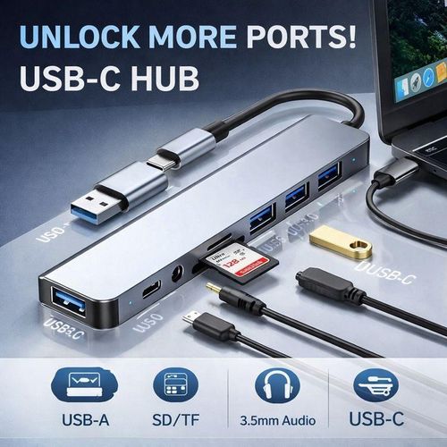 Hub USB 8 en 2 Multifonction – USB-C + USB-A – USB 3.0 / 2.0 – Lecteur Carte SD TF – Prise Audio 3.5mm – Station d’Extension en Aluminium